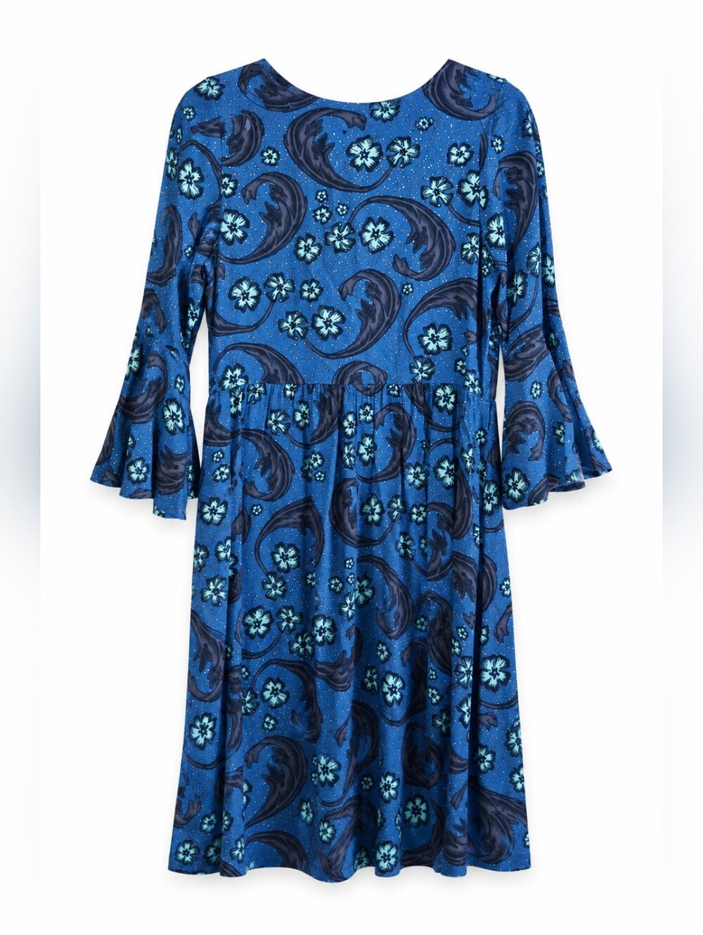 For Love And Lemons Blue Paisley Bell Sleeve Babydoll Mini Dress Sz S Boho FP - Picture 4 of 12
